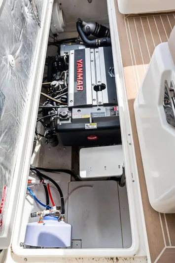  Yacht Photos Pics Engine compartment of 2025 Makai M37 boat featuring a Yanmar engine.