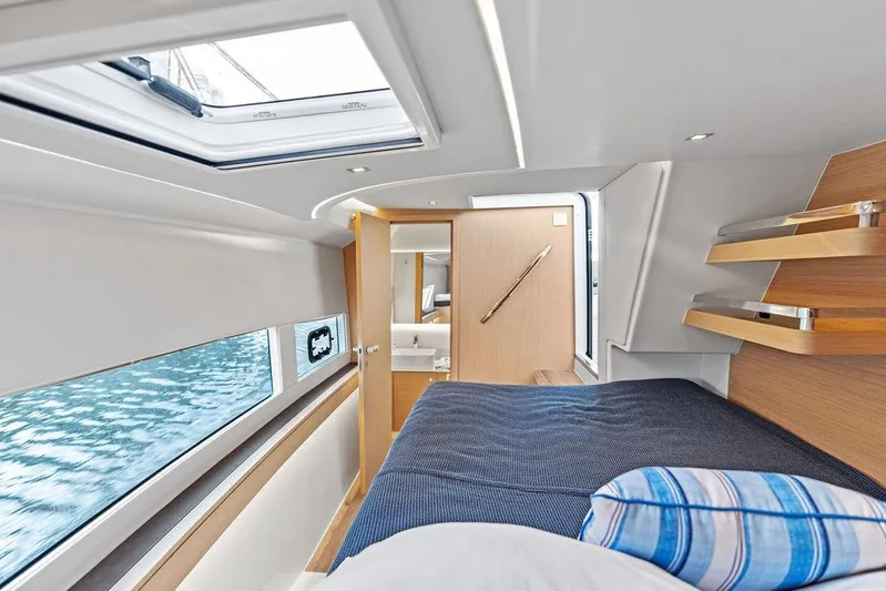  Yacht Photos Pics Luxurious interior cabin of 2025 Makai M37 yacht with modern design and natural light.