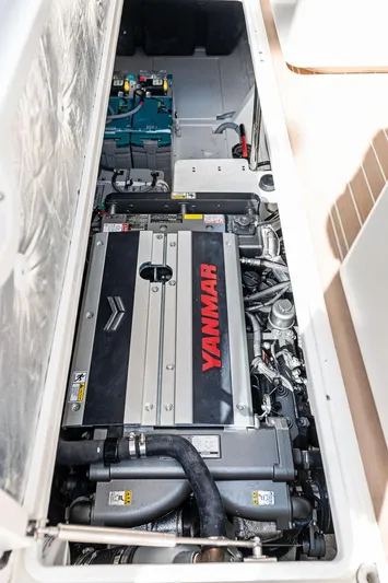  Yacht Photos Pics Engine compartment of 2025 Makai M37 with Yanmar engine, showcasing advanced marine technology.