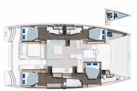 Floor plan of a 2020 Leopard 50 catamaran with four bedrooms and bathrooms.