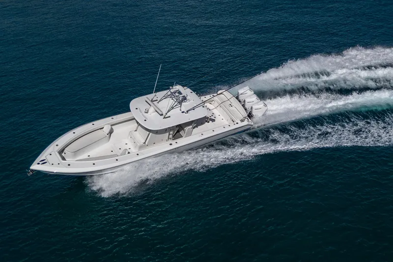 Irish Exit Yacht Photos Pics 2016 Bahama boat with Mercury V10 engines cruising on open water.