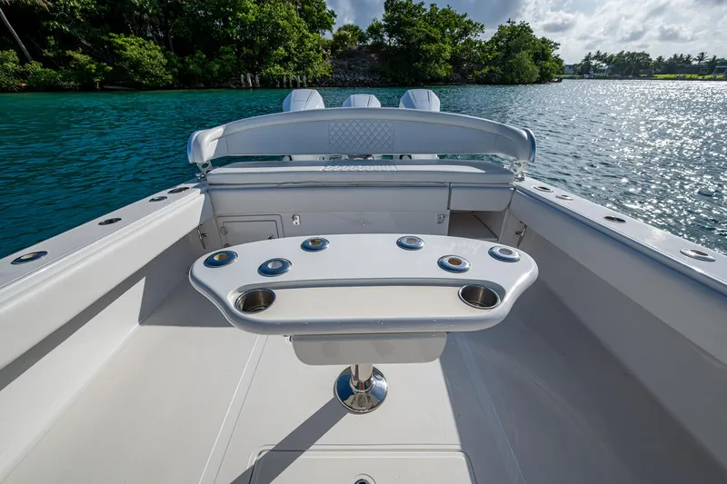 Irish Exit Yacht Photos Pics 2016 Bahama boat with Mercury V10 engines, featuring a sleek deck and rod holders.