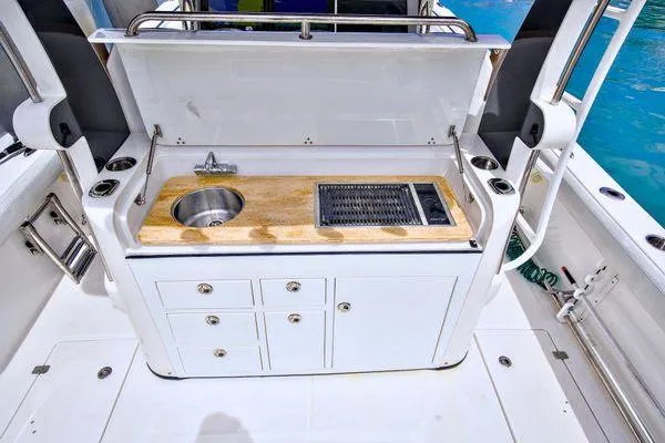  Yacht Photos Pics 2017 Edgewater 368CC boat with onboard kitchenette featuring sink and grill.