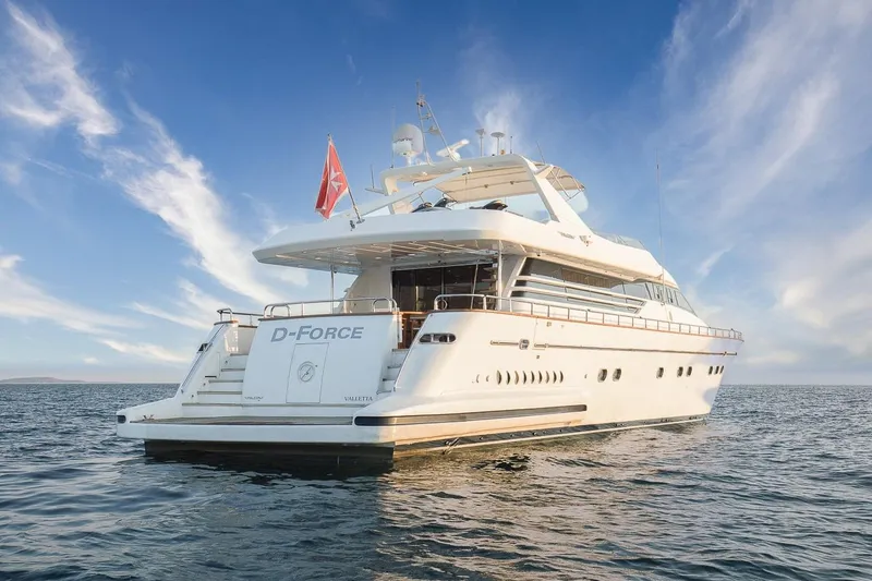 D-force Yacht Photos Pics Luxury 1998 Falcon Yachts 86 on serene ocean waters under a clear blue sky.