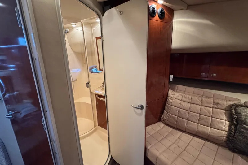Marlys Kay Yacht Photos Pics 2004 Sea Ray 390 Motor Yacht interior with shower and cozy seating area.