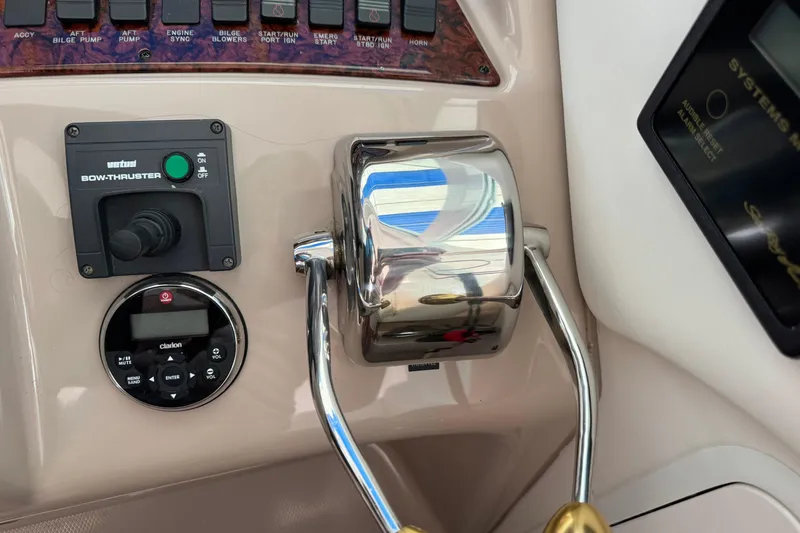 Marlys Kay Yacht Photos Pics Control panel of a 2004 Sea Ray 390 Motor Yacht with bow thruster and audio system.