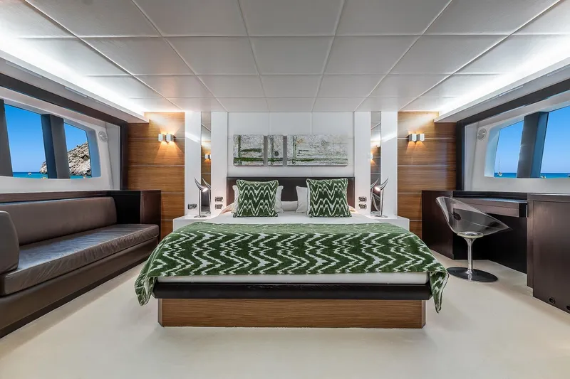  Yacht Photos Pics Luxurious bedroom interior of 2008 Astondoa 76 GLX yacht with modern decor and ocean views.