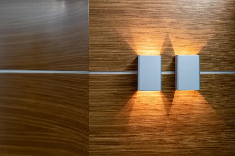  Yacht Photos Pics Modern wall lights on wooden paneling inside 2008 Astondoa 76 GLX yacht.