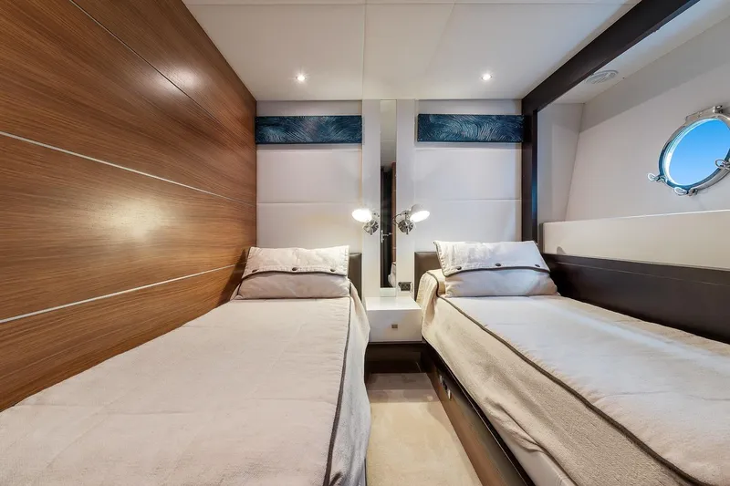  Yacht Photos Pics Luxurious twin cabin on 2008 Astondoa 76 GLX yacht with modern decor and porthole.