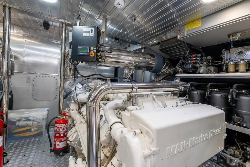  Yacht Photos Pics Engine room of 2008 Astondoa 76 GLX yacht with MAN marine diesel engine.