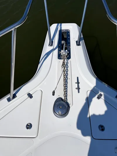 Christine Elizabeth Yacht Photos Pics Bow of 2002 Rampage 38 Express boat with anchor chain and deck fittings.