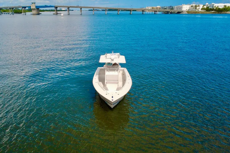  Yacht Photos Pics 2006 Jupiter 31FS boat on calm water with bridge in background.