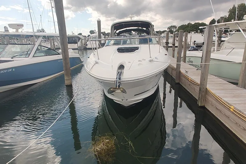  Yacht Photos Pics 2017 Sea Ray Sundancer 310 docked at marina under cloudy sky.