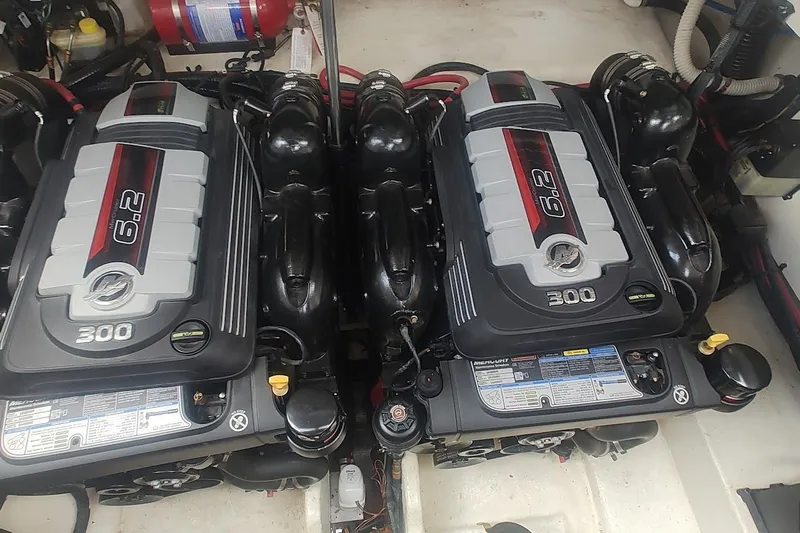  Yacht Photos Pics Twin 6.2L engines in a 2017 Sea Ray Sundancer 310 boat engine compartment.