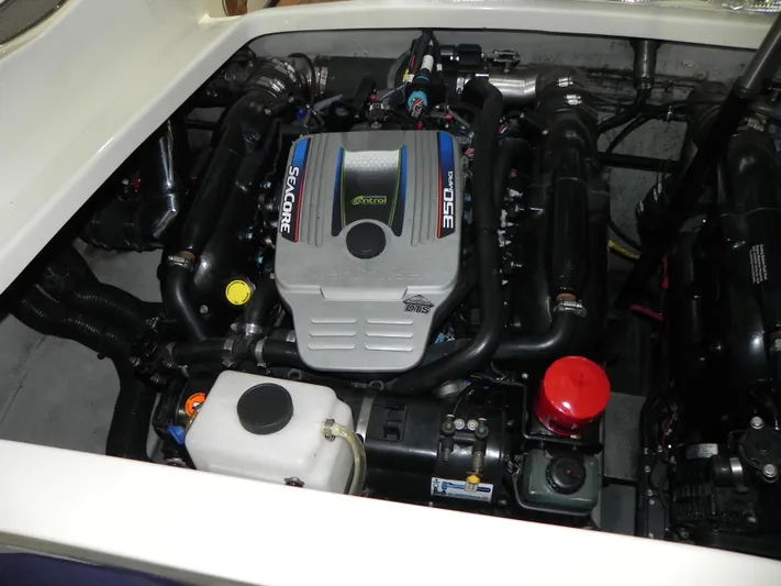 Yours To Name Yacht Photos Pics Engine compartment of 2015 Chris-Craft 28 Heritage Corsair with 350 horsepower engine.