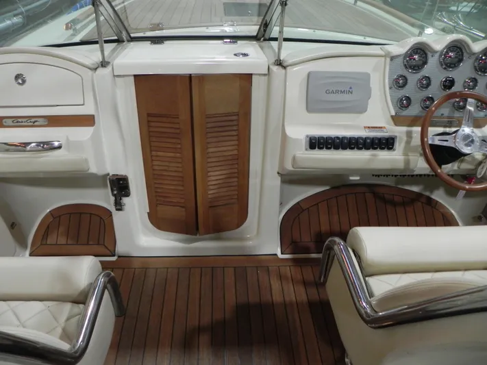 Yours To Name Yacht Photos Pics 2015 Chris-Craft 28 Heritage Corsair cockpit with wooden accents and Garmin navigation system.