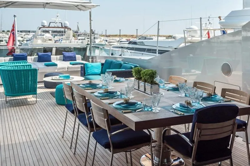 Lucky Me Yacht Photos Pics Luxurious outdoor dining area on a 2010 Baglietto 41 yacht, featuring elegant table settings.