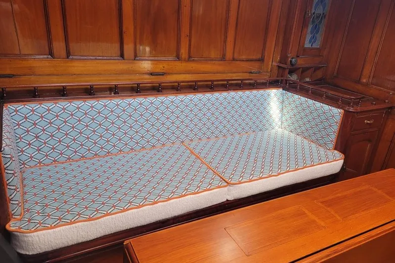  Yacht Photos Pics Vintage wooden yacht interior with patterned cushions, J.G. Fay & Co. FRED SHEPHERD 70 FT BERMUDAN YAWL, 1912.