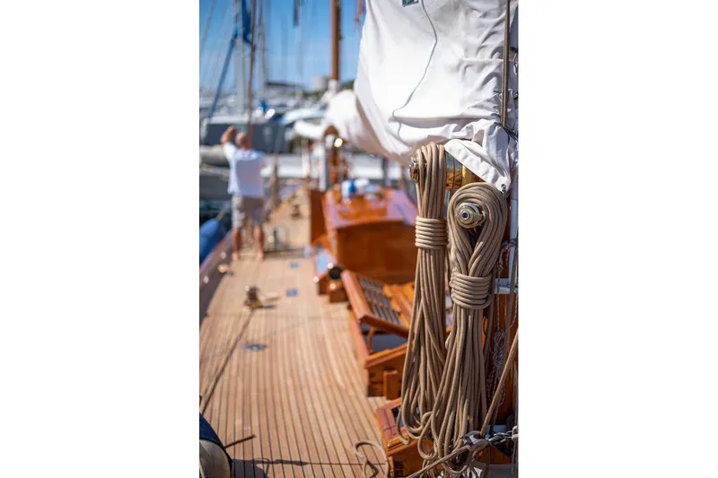  Yacht Photos Pics Historic 1912 Fred Shepherd 70 ft Bermudan yawl deck with coiled ropes and wooden details.