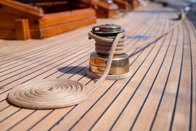  Yacht Photos Pics Deck of 1912 Fred Shepherd 70 ft Bermudan Yawl with coiled rope and winch.