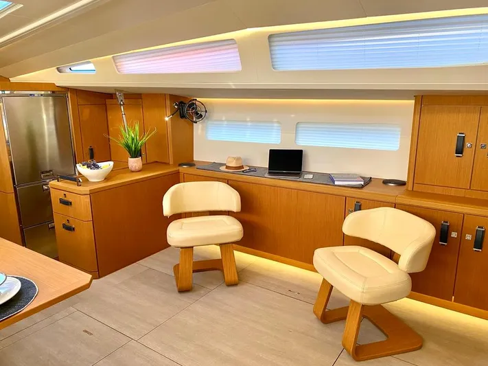 Euphoria Yacht Photos Pics Luxurious interior of 2021 Jeanneau 60 yacht with modern seating and elegant wood finishes.
