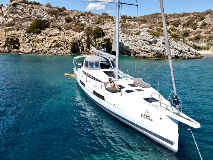 Euphoria Yacht Photos Pics 2021 Jeanneau 60 yacht anchored in clear blue water near rocky coastline.