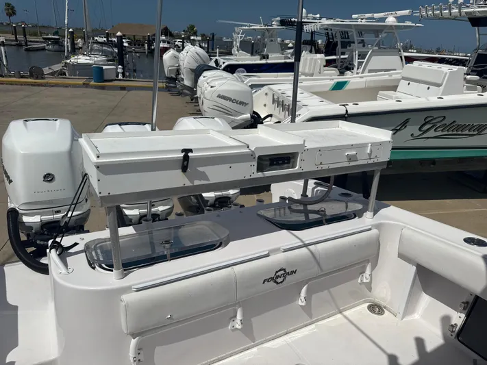  Yacht Photos Pics 2018 Fountain 38cc boat at marina with dual outboard engines.