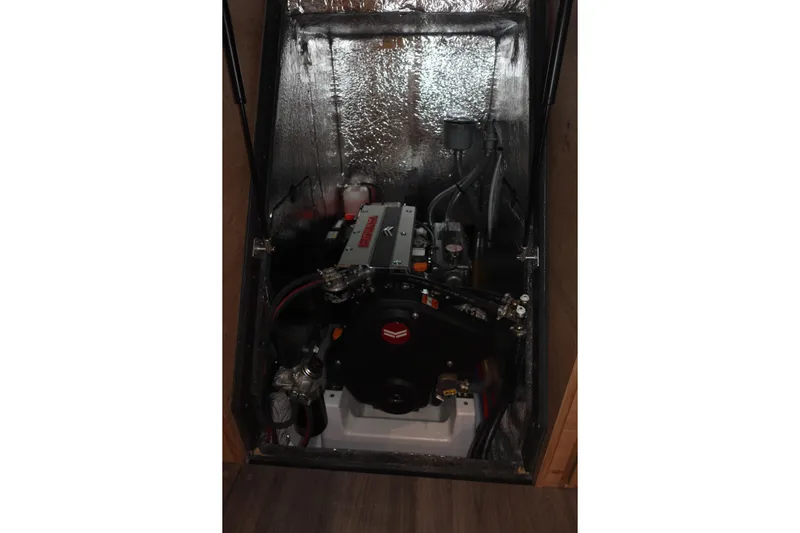  Yacht Photos Pics Engine compartment of 2024 Elan Impresion 43 yacht, showcasing mechanical components.