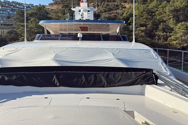 Elza Of London Yacht Photos Pics Luxurious 2015 Majesty 122 yacht deck with scenic forest backdrop.