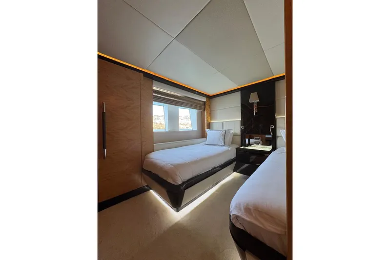 Elza Of London Yacht Photos Pics Luxurious bedroom on 2015 Majesty 122 yacht with twin beds and modern decor.