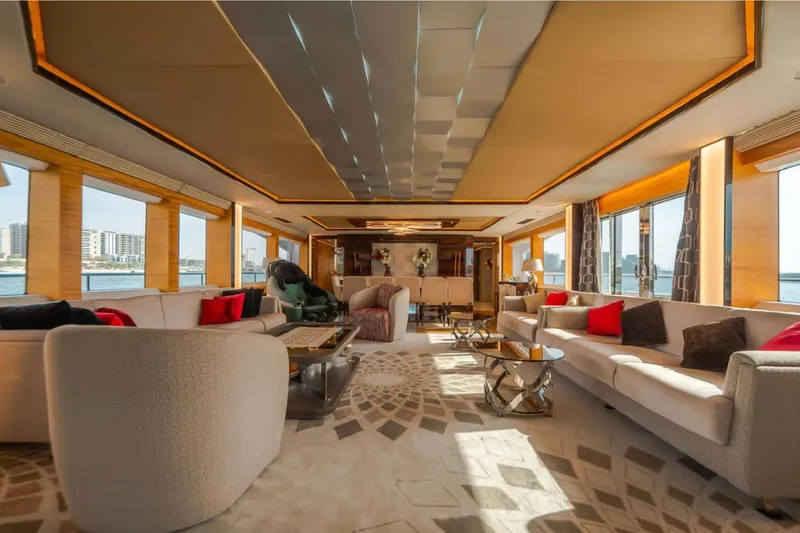 Elza Of London Yacht Photos Pics Luxurious interior of 2015 Majesty 122 yacht with elegant seating and panoramic windows.