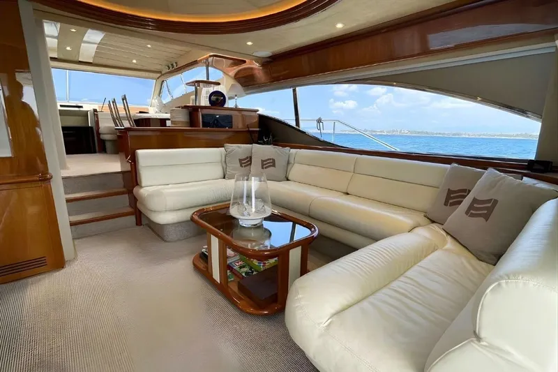 M/y Okiyo Yacht Photos Pics Luxurious interior of 2002 Ferretti Yachts 68 with elegant seating and ocean view.
