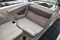 2019 MasterCraft NXT22 boat interior with gray seating and cup holders.