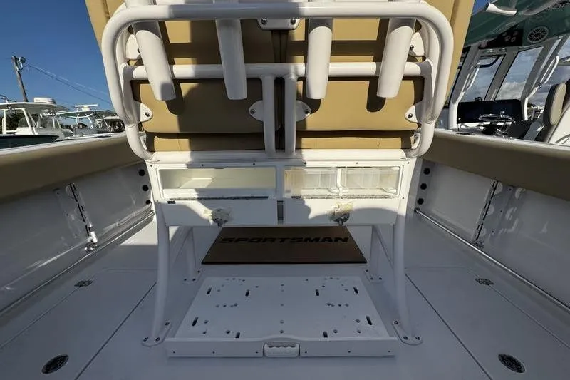  Yacht Photos Pics 2026 Sportsman Open 252 Center Console boat interior with seating and storage.