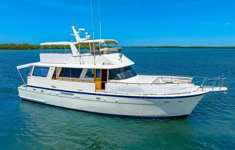 The Entertainer Yacht Photos Pics 1984 Hatteras 61 Cockpit MY yacht on calm blue water, clear sky background.