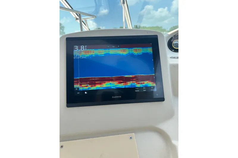  Yacht Photos Pics Garmin sonar display on 2000 Cruisers 3870 showing water depth.