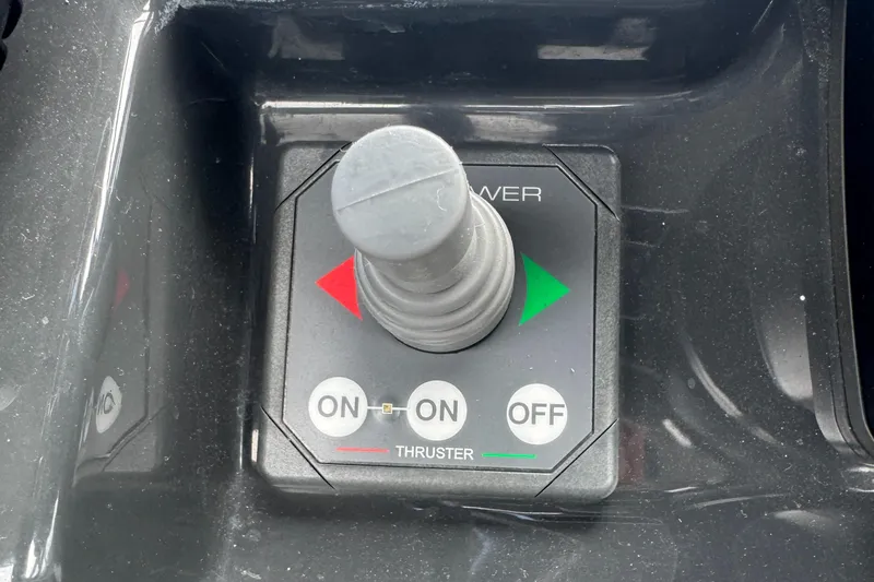  Yacht Photos Pics Joystick control panel on 2021 Fairline F//Line 33 boat, featuring thruster controls.
