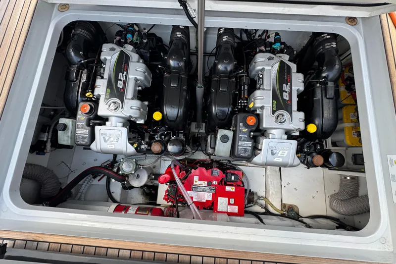  Yacht Photos Pics Engine compartment of 2021 Fairline F//Line 33 with twin V8 engines and equipment.