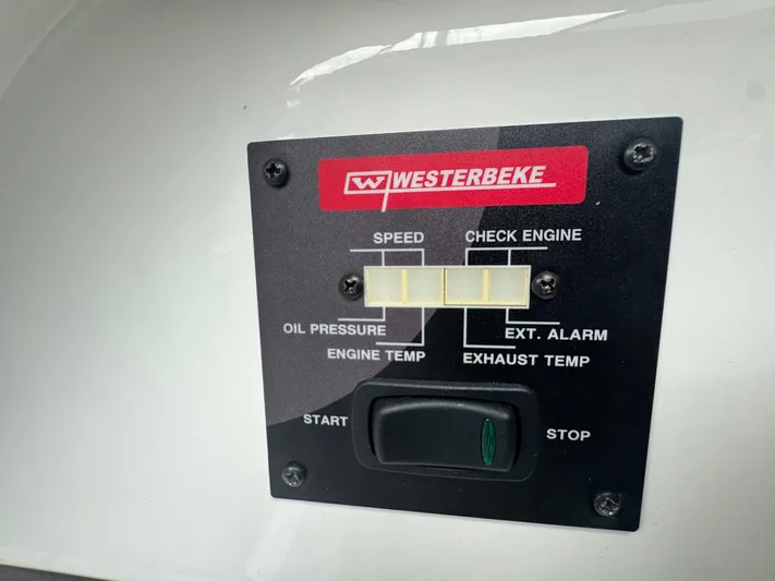  Yacht Photos Pics Control panel on a 2021 Fairline F//Line 33 boat, featuring Westerbeke engine indicators.