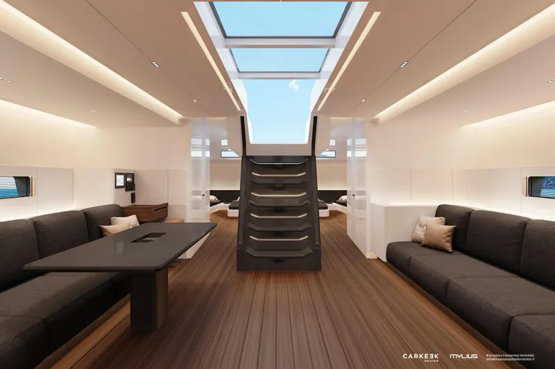  Yacht Photos Pics Luxurious interior of 2026 Mylius 72 yacht with modern design and skylight.