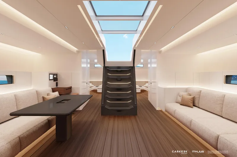  Yacht Photos Pics Luxurious interior of 2026 Mylius 72 yacht with modern design and skylight.