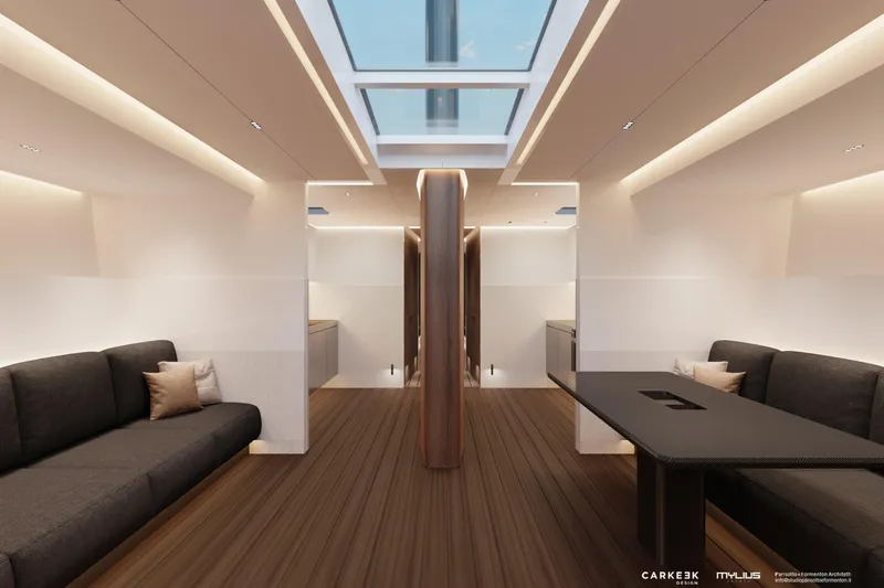  Yacht Photos Pics Luxurious interior of 2026 Mylius 72 yacht with modern design and skylight.