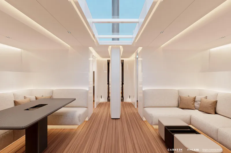  Yacht Photos Pics Luxurious interior of 2026 Mylius 72 yacht with modern seating and skylight.