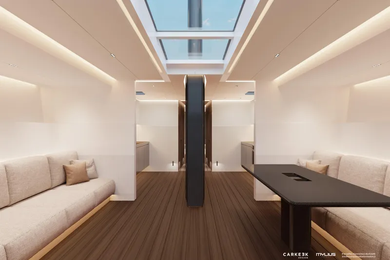  Yacht Photos Pics Luxurious interior of 2026 Mylius 72 yacht with modern design and skylight.