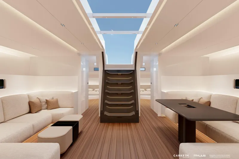  Yacht Photos Pics Luxurious interior of 2026 Mylius 72 yacht with modern design and spacious seating.