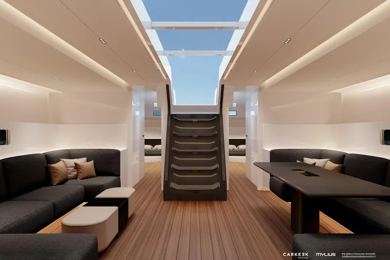  Yacht Photos Pics Luxurious interior of 2026 Mylius 72 yacht with modern seating and skylight.
