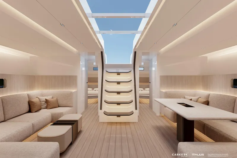  Yacht Photos Pics Luxurious interior of 2026 Mylius 72 yacht with modern design and spacious seating.