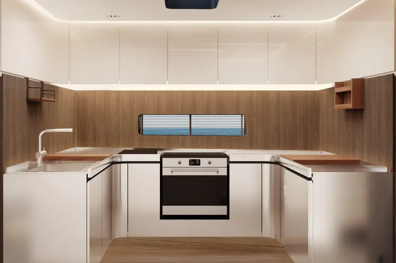  Yacht Photos Pics Modern Mylius 72 yacht kitchen, 2026 model, featuring sleek design and stainless steel appliances.