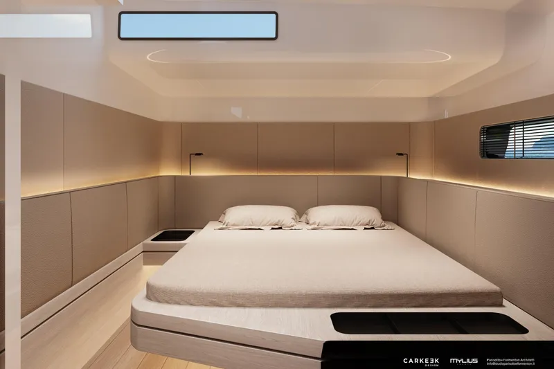  Yacht Photos Pics Luxurious interior of 2026 Mylius 72 yacht with modern bedroom design.