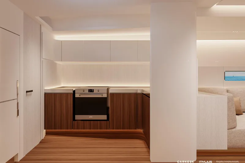  Yacht Photos Pics Modern kitchen interior of 2026 Mylius 72 yacht with sleek cabinetry and integrated appliances.